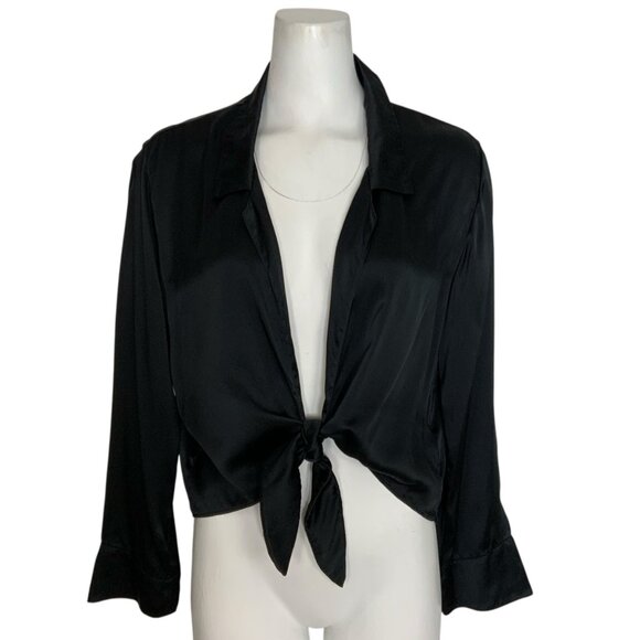 Reformation Basinger Top Blouse M Black Tie Front Long Sleeve Silk Blend Cropped - Picture 1 of 14